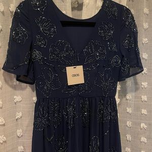 NEW! ASOS LONG MAXI DARK BLUE WITH GREY BEADING GOWN DRESS WITH FLUTTER SLEEVES